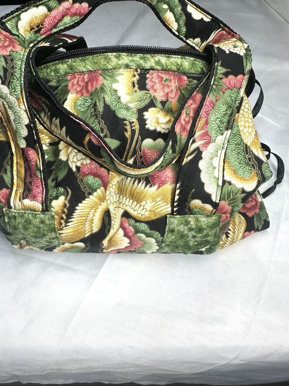 Artisan Quilted Floral Bag Asian Crane Phoenix Bird Peony Pattern Tote - Picture 4 of 8